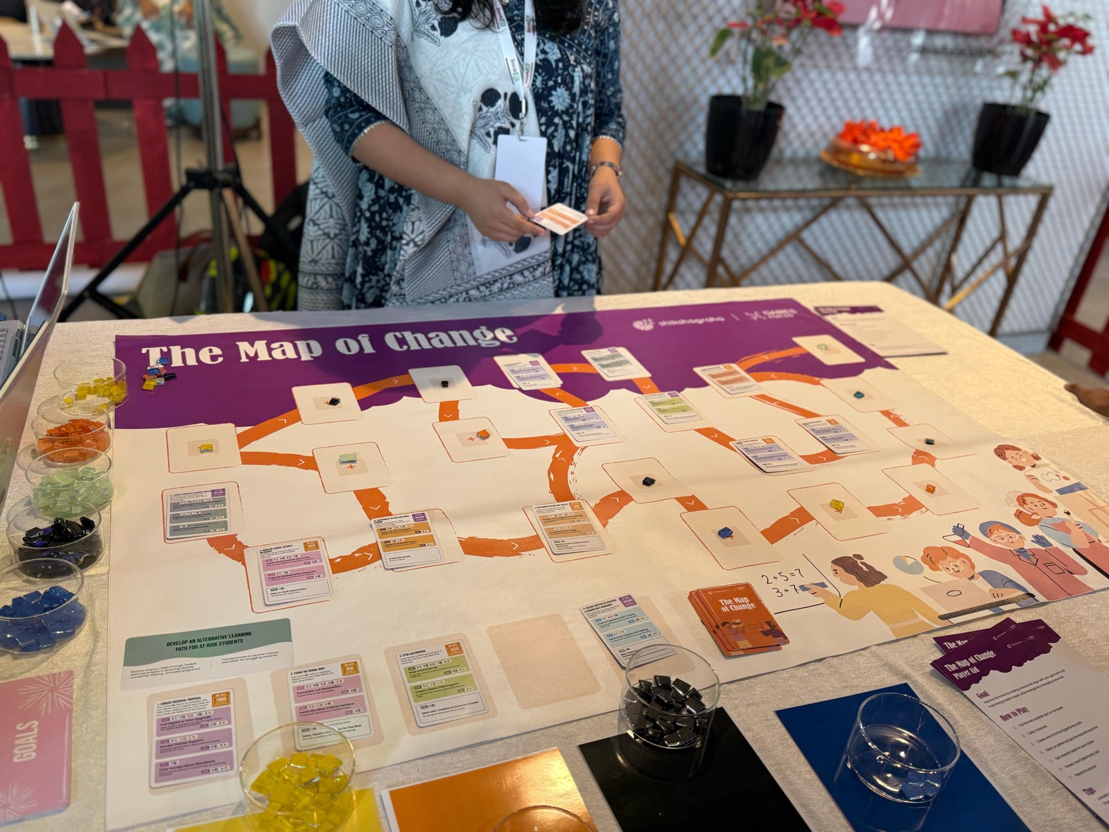 A serious game board laid out with cards and pieces during a leadership session
