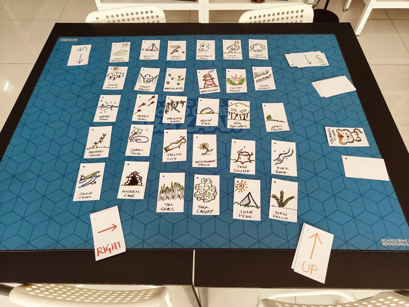 Overhead view of a large hex-grid game map laid out with illustrated location cards