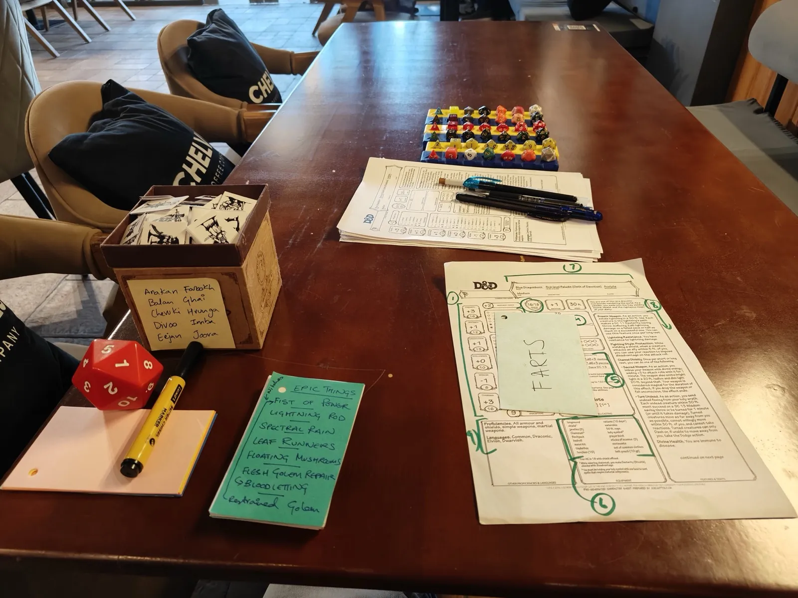 Tabletop role-playing game setup with character sheets and dice